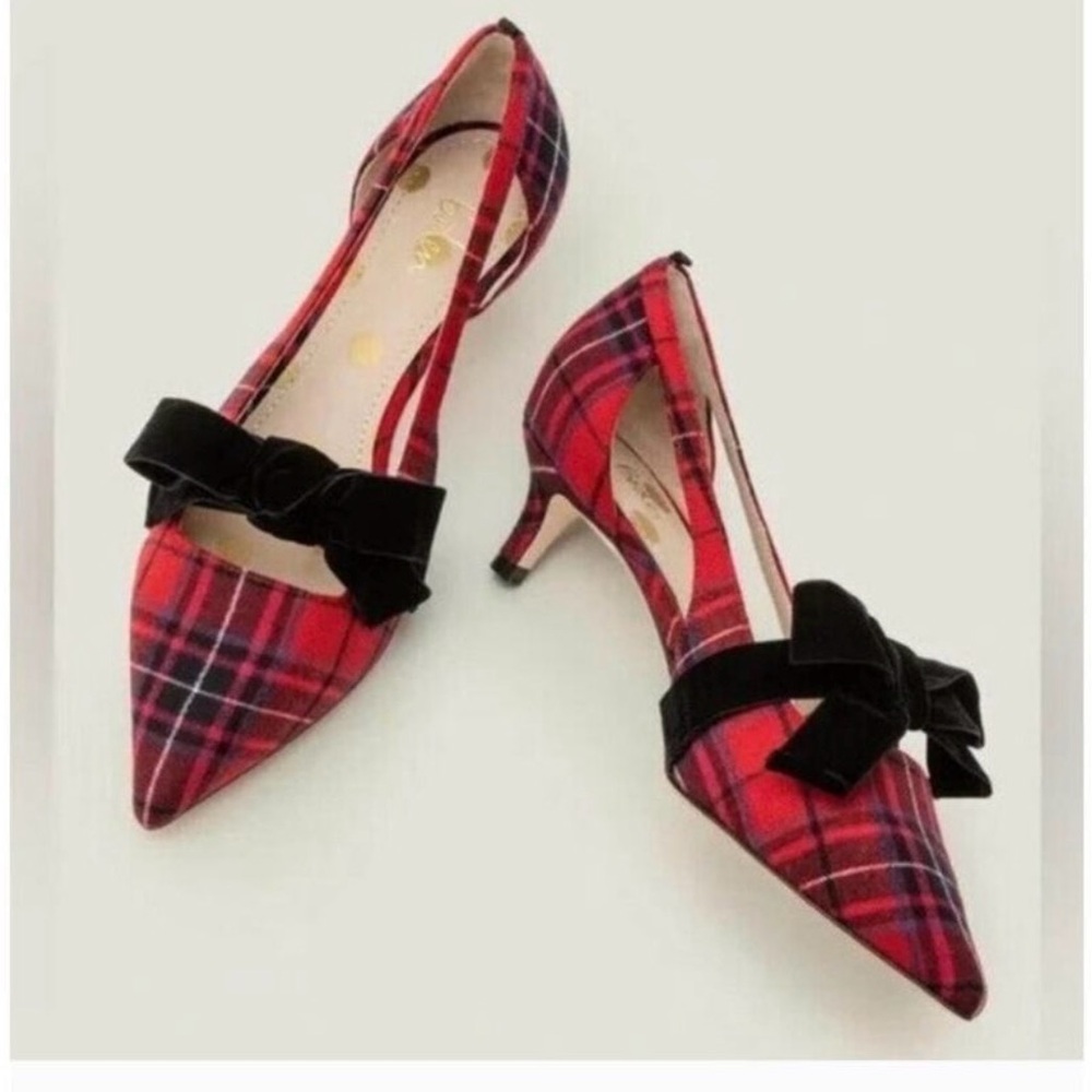 BODEN ROBYN KITTEN HEELS - RED TARTAN WITH BLACK VELVET BOW  Size EU 39